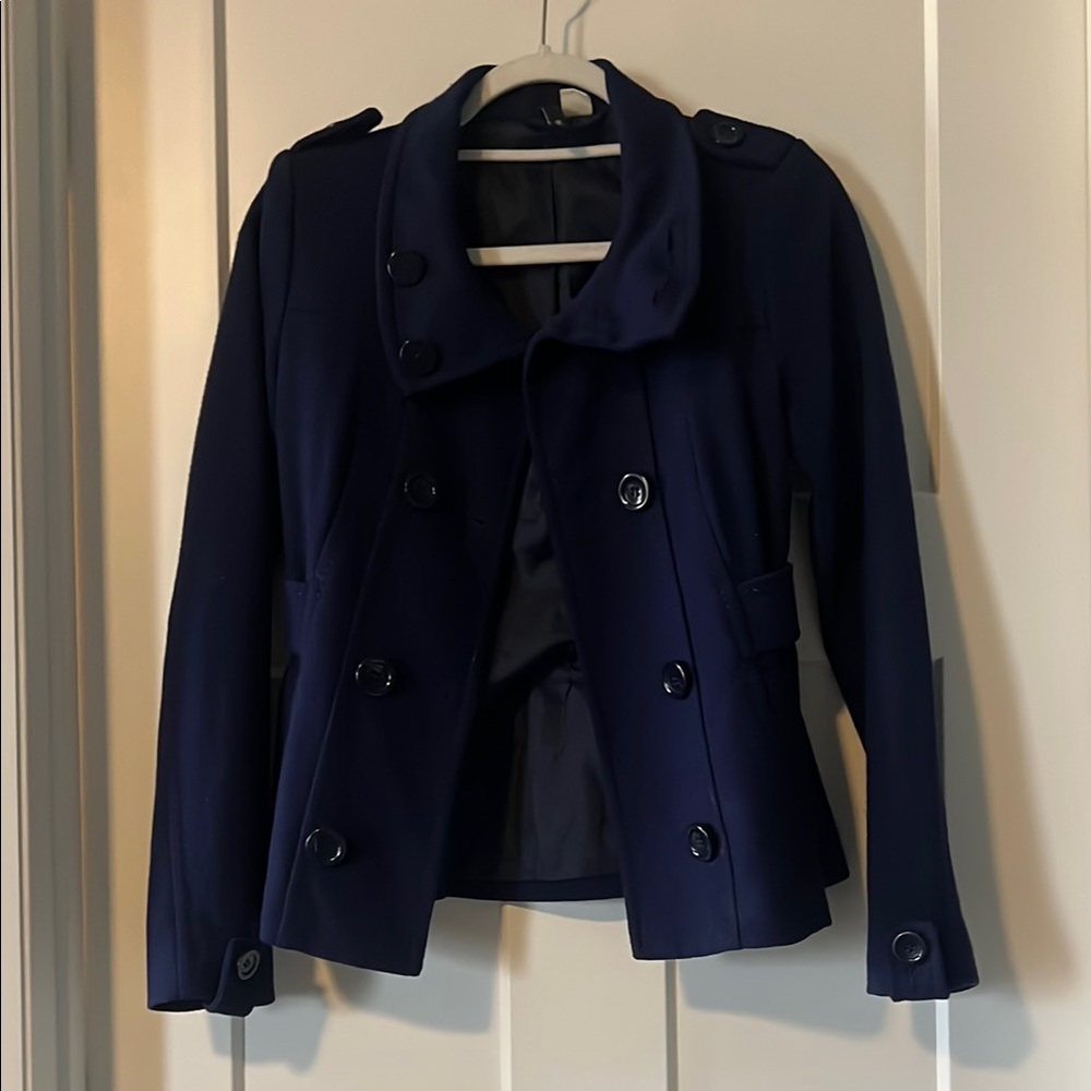 H&M Blue Pea Coat Double-Breasted Tailored Design